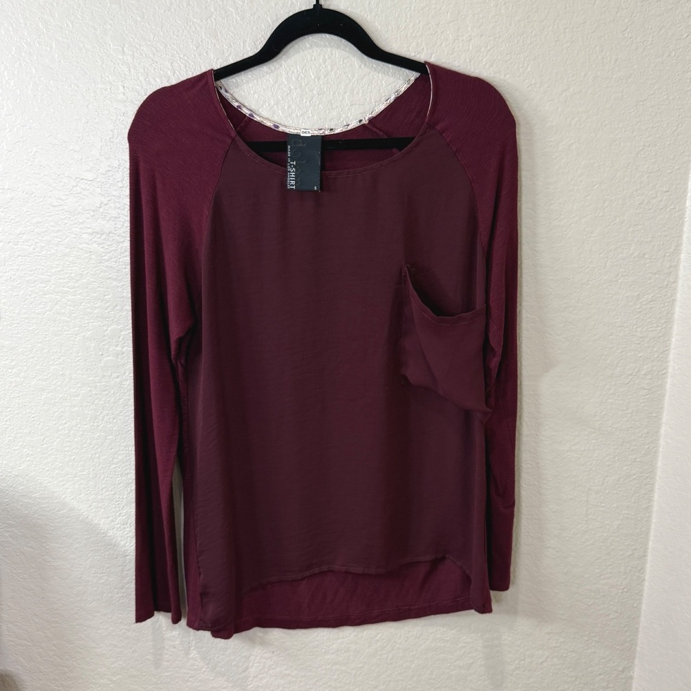 Dolan Long Sleeve T-Shirt Burgundy Mixed Media Pocket Top Small Boho Minimalist